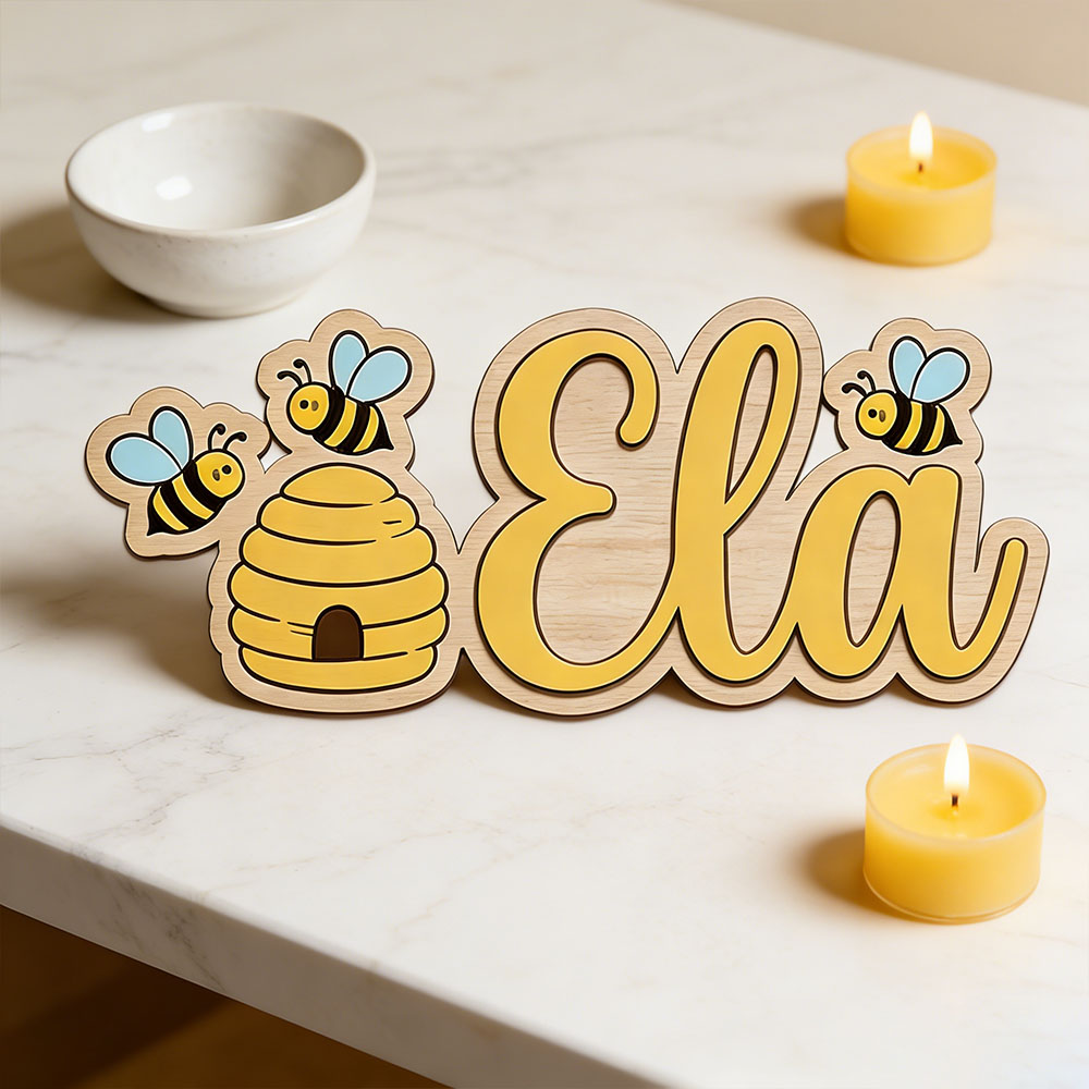Baby Nursery Name Sign - Personalized Cute Bee Hive Name Wooden