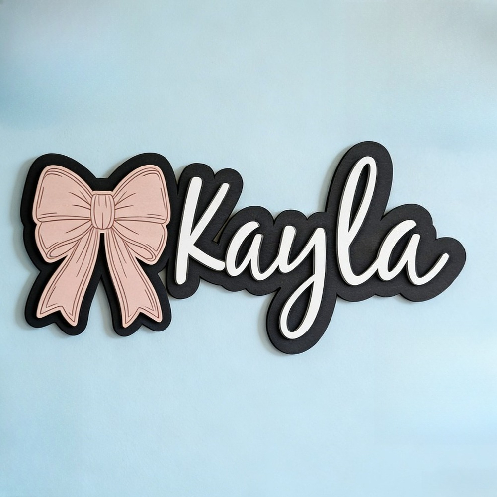 Baby Nursery Name Sign - Customizable Bow-Shaped Wooden Wall Plaque Baby