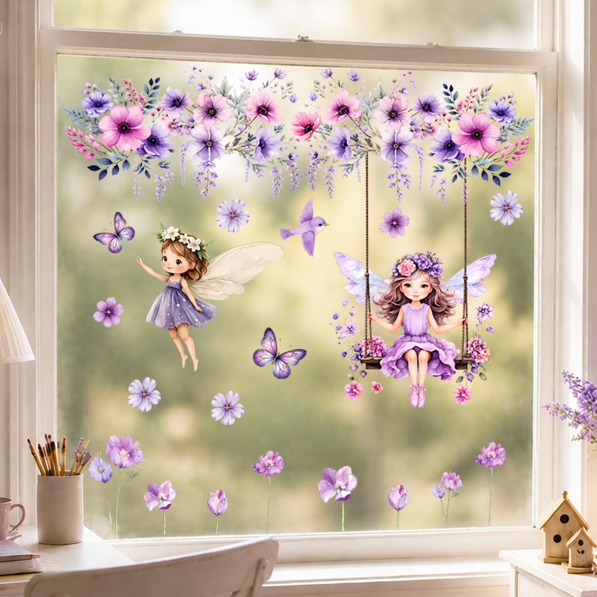 Purple Flower Fairy Wall Stick - Wall Decal Nursery incelemesi ve fiyatı