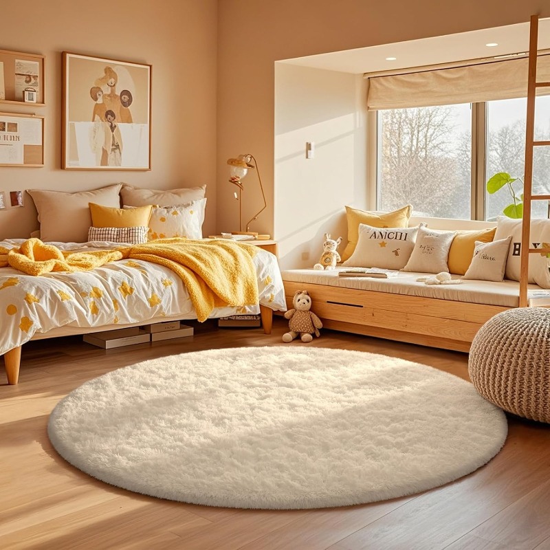 Round Cream White Rug Soft Flu - Baby Nursery Mat incelemesi ve fiyatı