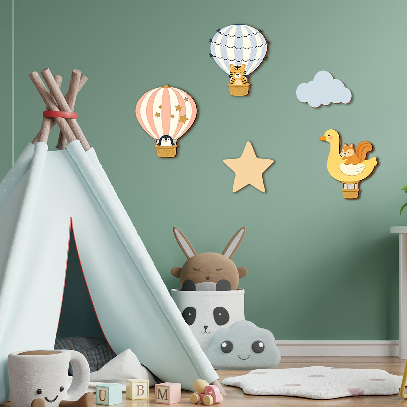 5Pcs Animal Hot Air Balloon Wo - Wall Decal Nursery incelemesi ve fiyatı