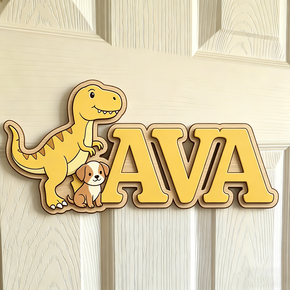 Custom T-Rex & Puppy Kids Name - Baby Nursery Neutral incelemesi ve fiyatı