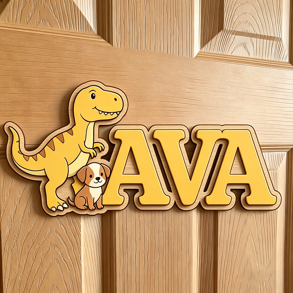 Custom T-Rex & Puppy Kids Name - Baby Nursery Neutral incelemesi ve fiyatı