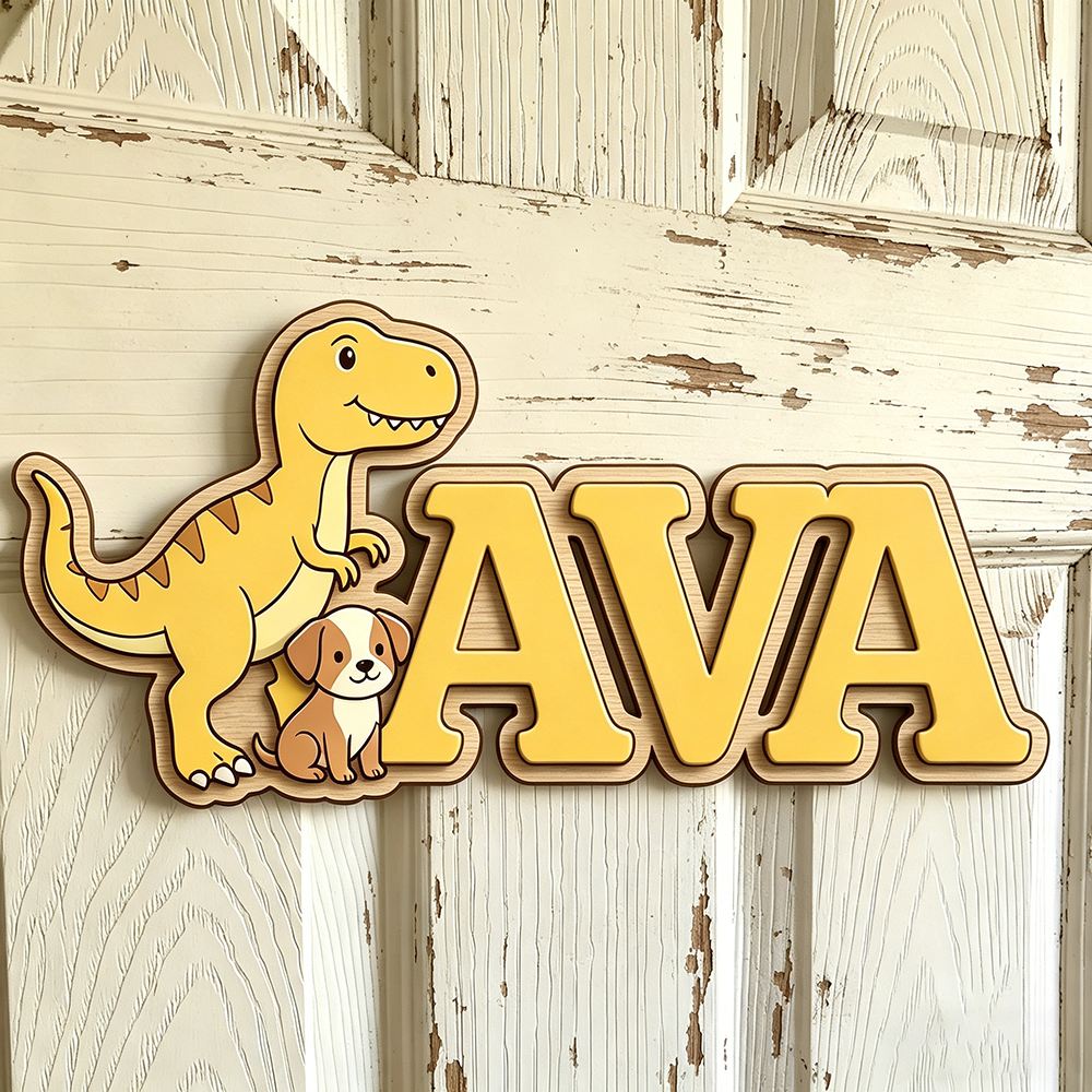 Custom T-Rex & Puppy Kids Name - Baby Nursery Neutral incelemesi ve fiyatı
