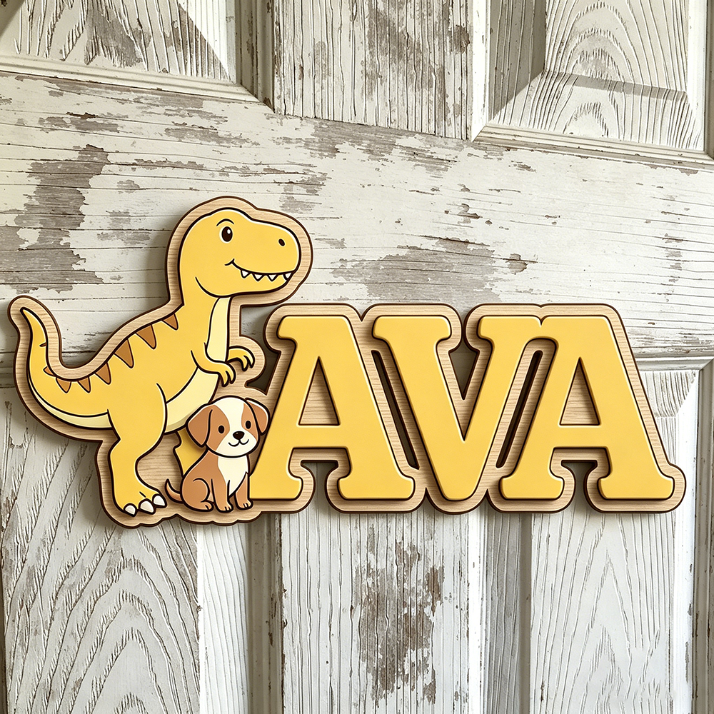 Custom T-Rex & Puppy Kids Name - Baby Nursery Neutral incelemesi ve fiyatı
